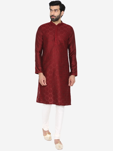 Manyavar Men Maroon Embroidered Kurta with Churidar