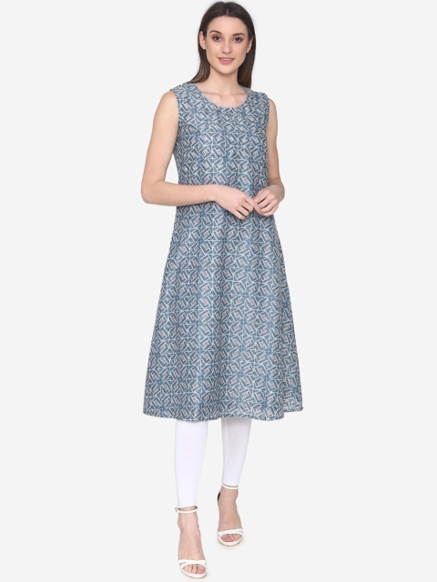 Laabha Women Blue & Grey Printed A-Line Kurta