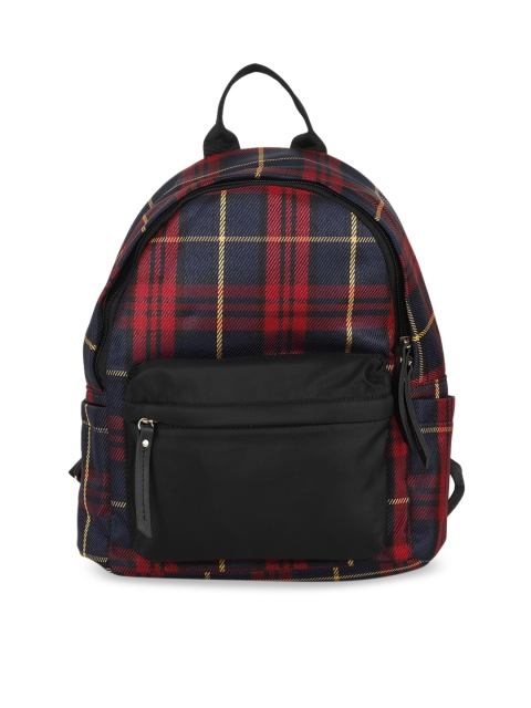 People Women Navy Blue & Red Checked Backpack