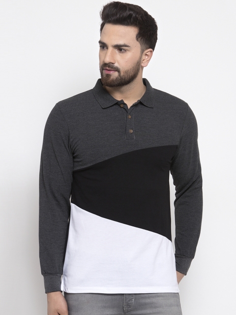 Kalt Men Charcoal Grey & Black Colourblocked Polo Collar T-shirt