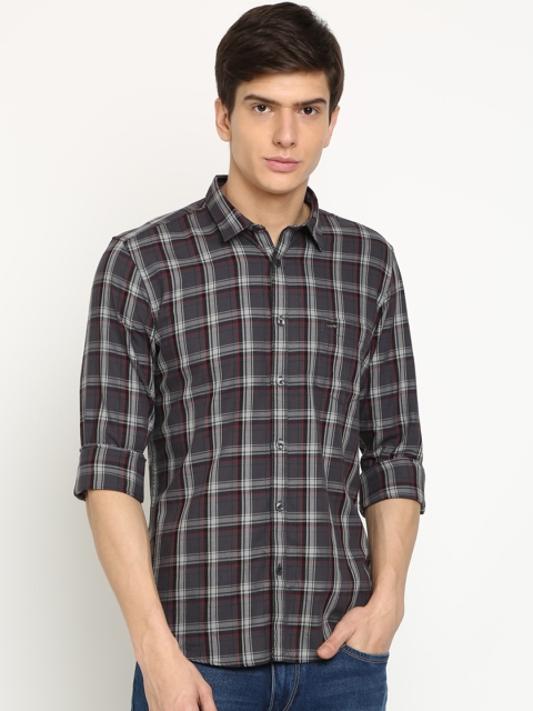 Crocodile Men Grey & Brown Slim Fit Checked Casual Shirt