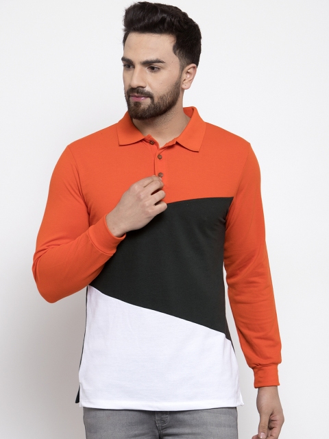 Kalt Men Orange & Black Colourblocked Polo Collar T-shirt