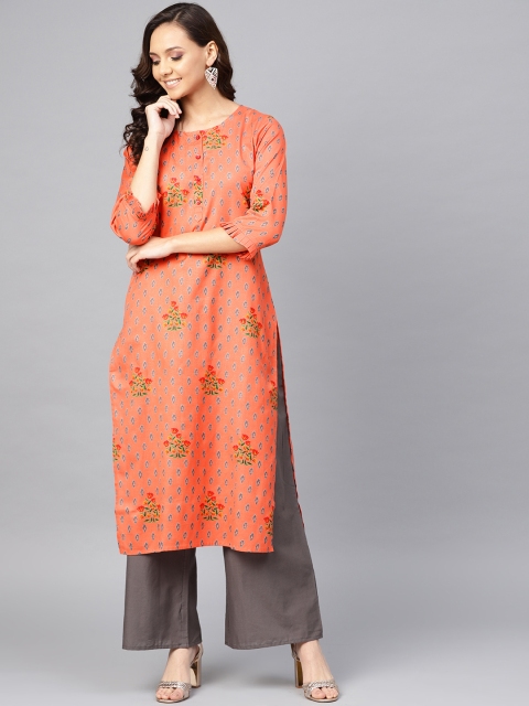 Yuris Women Orange & Grey Printed Straight Kurta