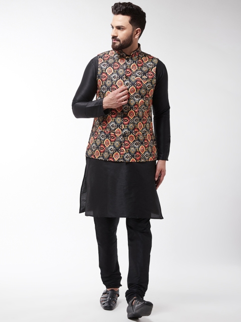 SOJANYA Men Black & Orange Printed Kurta with Churidar & Nehru Jacket