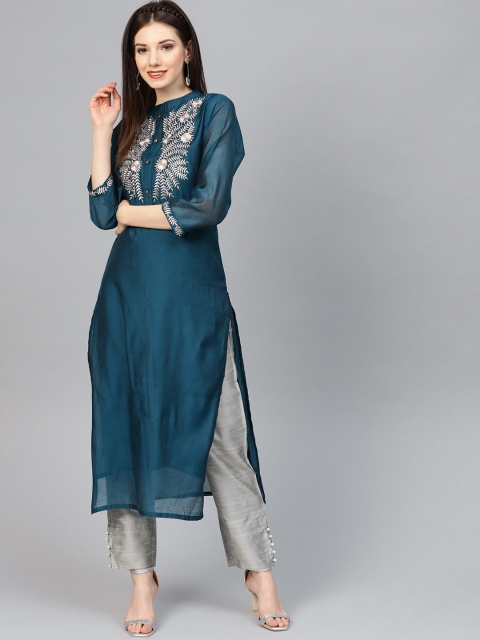 Varanga Women Teal Blue & Grey Embroidered Kurta with Trousers