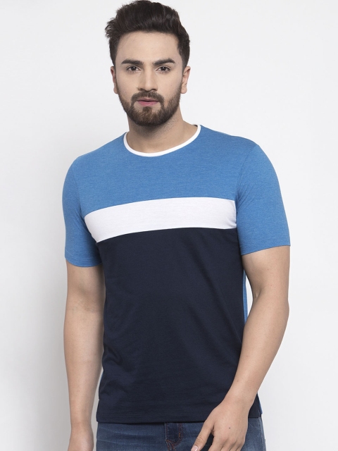 Kalt Men Navy Blue Colourblocked Round Neck T-shirt