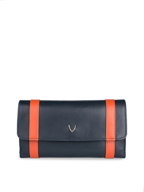 Hidesign Women Navy Blue & Orange Striped Leather Two Fold Wallet