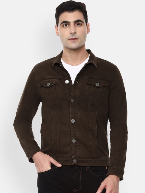 V Dot Men Brown Solid Denim Jacket