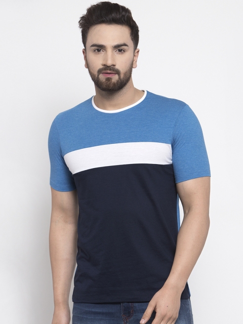 Kalt Men Navy Blue Colourblocked Round Neck T-shirt