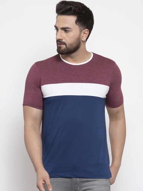Kalt Men Maroon & Blue Colourblocked Round Neck T-shirt