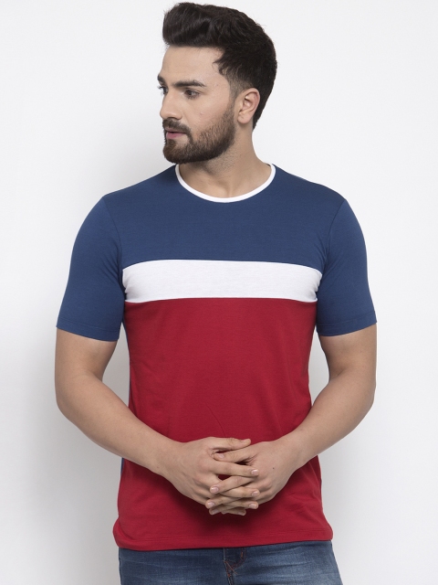 Kalt Men Red & Navy Blue Colourblocked Round Neck T-shirt