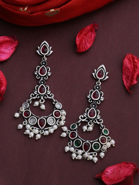 Voylla Silver-Plated & White Contemporary Oxidised Drop Earrings