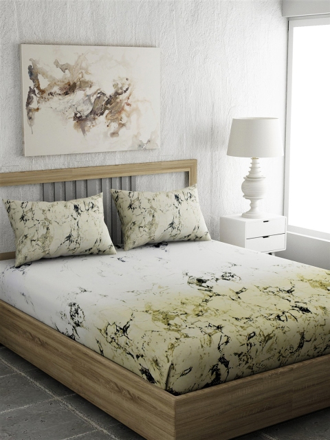 EverHOME White & Olive Green Graphic 210 TC 1 Queen Bedsheet with 2 Pillow Covers