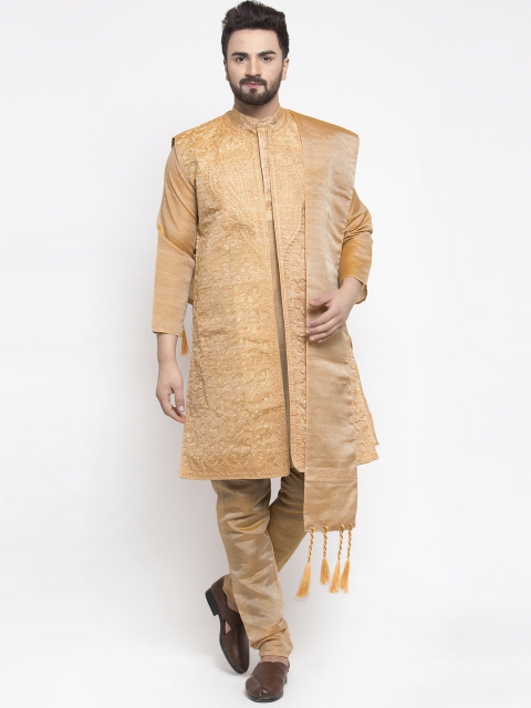 TREEMODA Men Gold-coloured Embroidered Kurta with Churidar & Dupatta