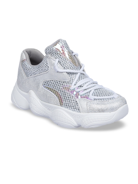 URBANE Women White Woven Design Synthetic Mid-Top Sneakers