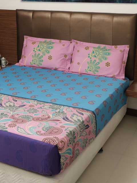 GRES HOME Blue & Pink Ethnic Motifs 210 TC Cotton 1 King Bedsheet with 2 Pillow Covers