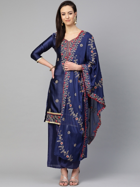 Ishin Women Navy Blue Embroidered Kurta with Palazzos & Dupatta