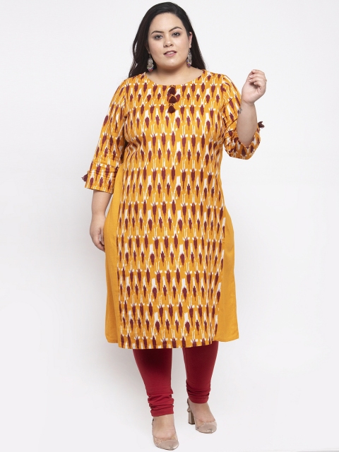 plusS Women Mustard Yellow & Red Printed A-Line Kurta