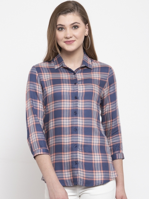 Hancock Women Blue & Orange Slim Fit Checked Formal Shirt