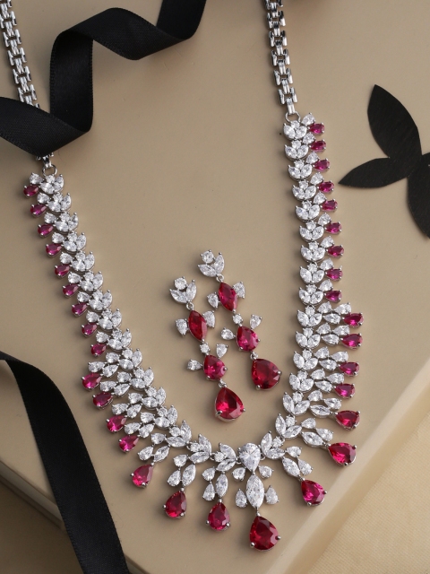 Tistabene Silver-Toned & Pink Stone Studded Jewellery Set, Red