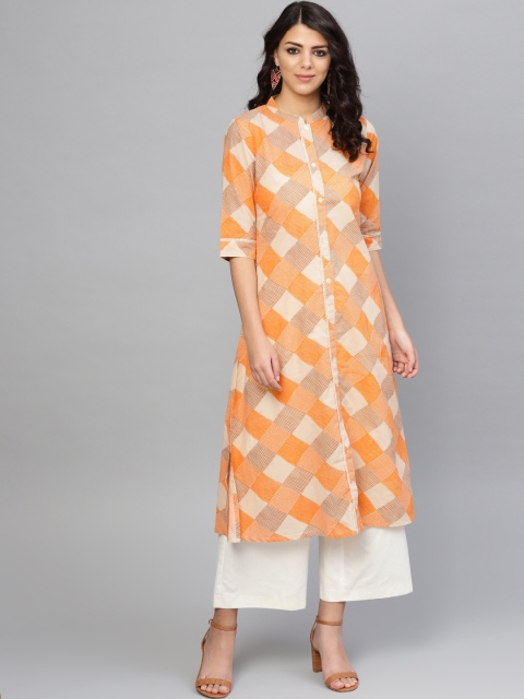 Yuris Women Orange & Cream-Coloured Checked Straight Kurta