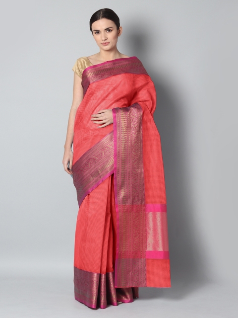EthnicRoom Pink & Gold-Toned Handloom Woven Design Banarasi Saree