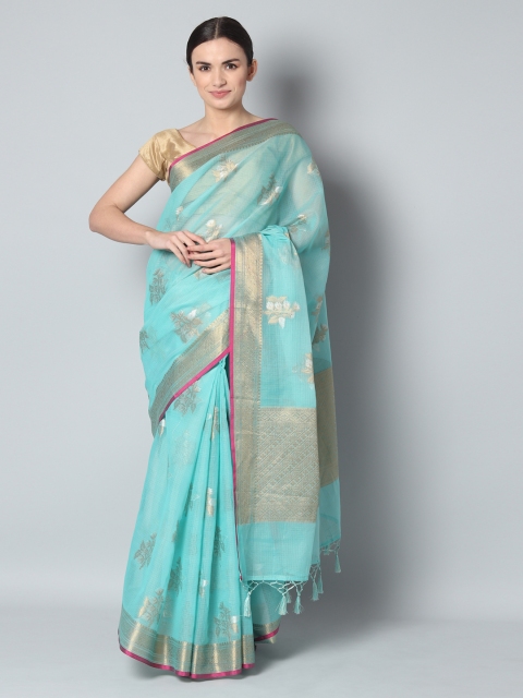 EthnicRoom Blue & Silver-Toned Silk Cotton Woven Design Banarasi Saree