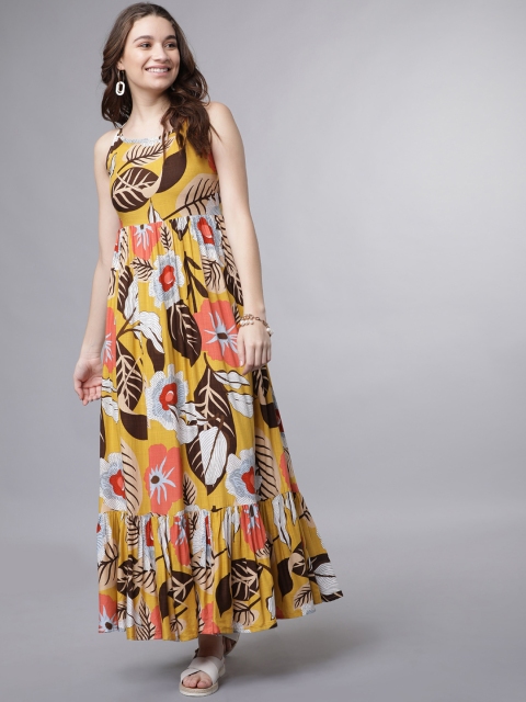 Tokyo Talkies Women Mustard Yellow & Brown Printed Maxi Dress