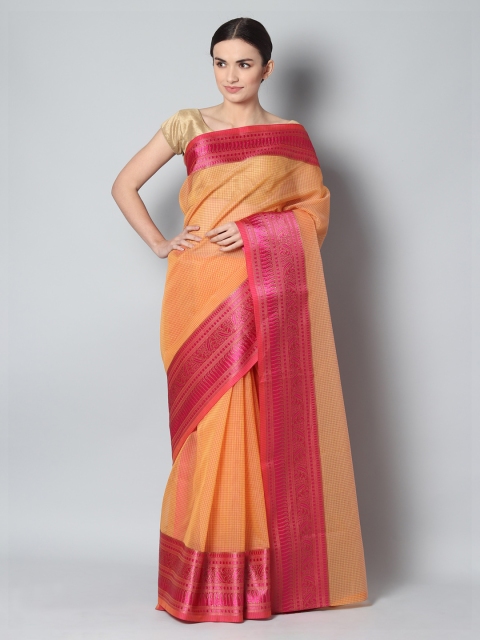 EthnicRoom Orange & Pink Handloom Woven Design Banarasi Saree