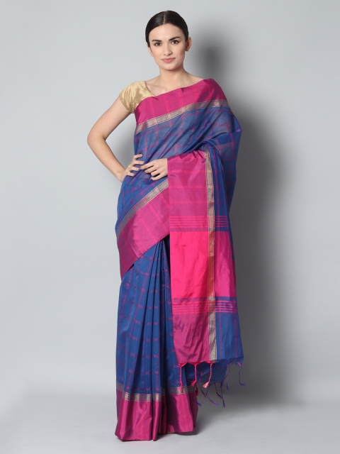 EthnicRoom Blue & Pink Handloom Checked Banarasi Saree