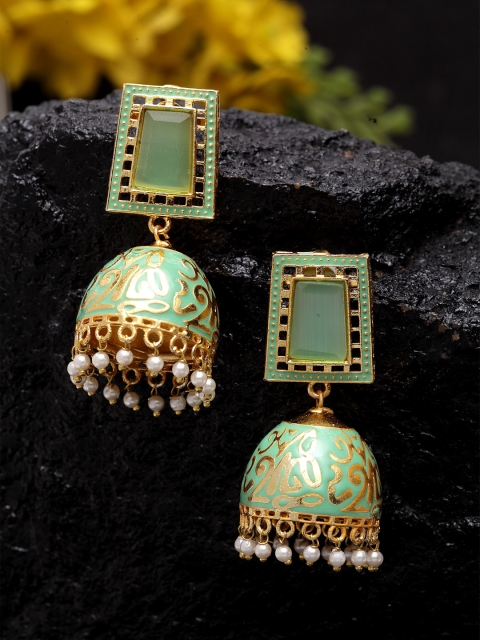DUGRISTYLE Gold-Plated & Green Pearl Studded Dome Shaped Jhumkas