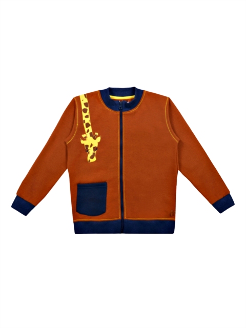 Lil Tomatoes Boys Brown & Navy Blue Printed Front-Open Sweatshirt