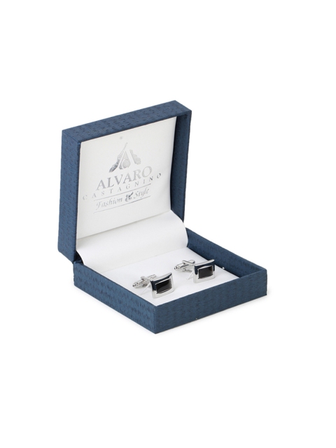 Alvaro Castagnino Black & Silver-Toned Stone Studded Rectangle Textured Cufflinks