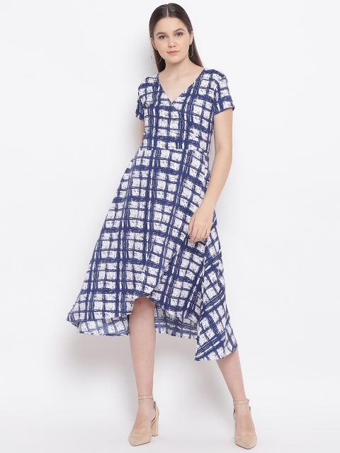 FABNEST Women Blue & White Checked Wrap Dress
