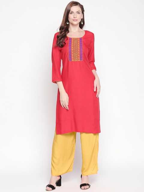 ZRI Women Red & Blue Embroidered Straight Kurta