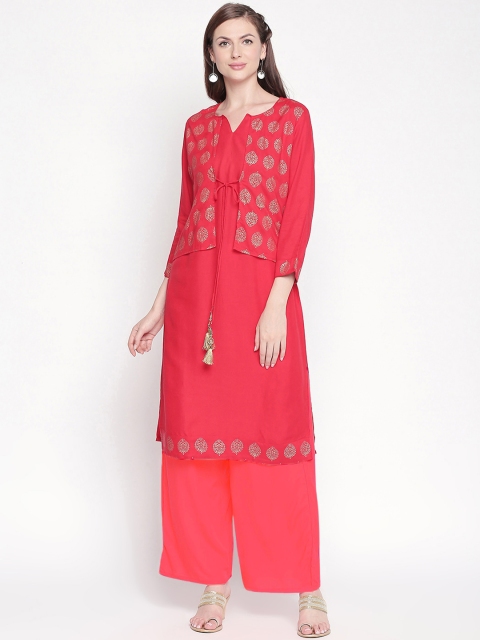 ZRI Women Red & Gold-Toned Woven Design Straight Kurta