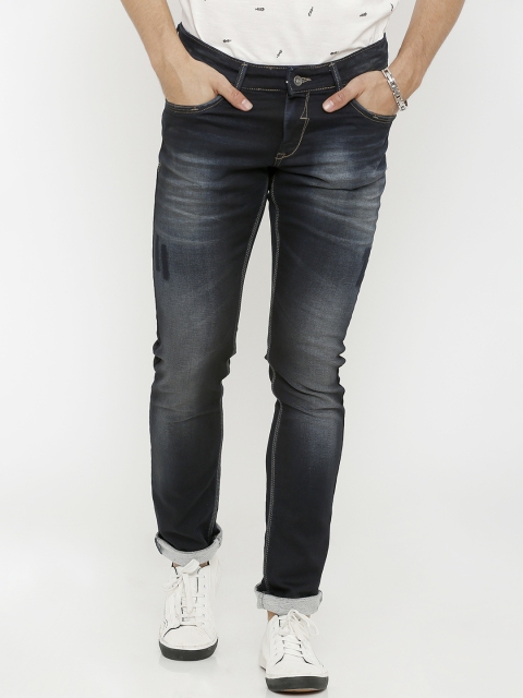Rex Straut Jeans Men Navy Blue Tapered Fit Mid-Rise Clean Look Stretchable Jeans