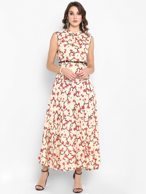 Janasya Women Cream-Coloured & Pink Floral Printed Maxi Dress