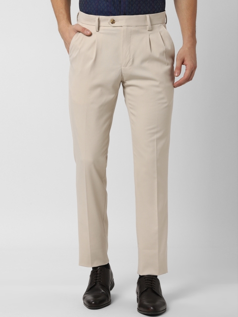 Peter England Men Beige Slim Fit Solid Regular Trousers