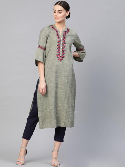 Yuris Women Olive Green Woven Design Straight Kurta