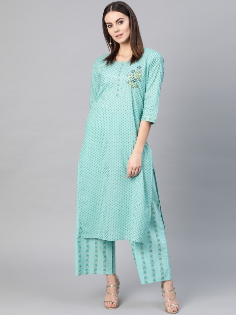 Yuris Women Sea Green Printed Straight Kurta