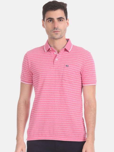Arrow Sport Men Pink White Striped Polo Collar Pure Cotton T-shirt