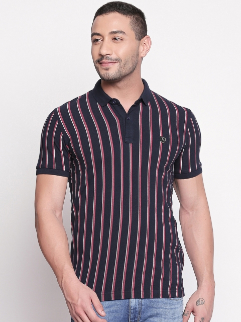 Mufti Men Navy Blue Striped Polo Collar Pure Cotton T-shirt