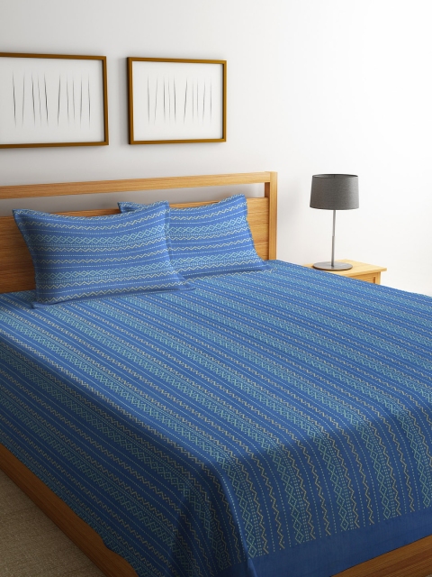 NEUDIS Blue & Yellow Printed Double Bed Cover With 2 Pillow Covers