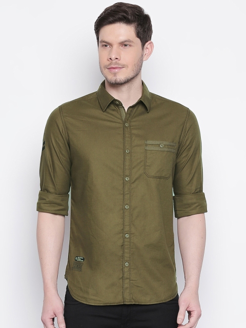 Mufti Men Olive Green Solid Original Slim Fit Casual Shirt