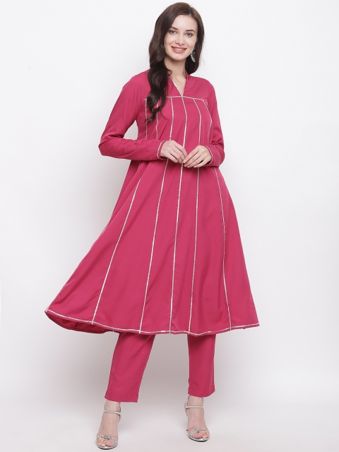 FABNEST Women Fuchsia Pink & Silver-Toned Solid Gota Patti Kurta with Trousers
FABNEST Women Fuchsia Pink & Silver-Toned Solid Gota Patti Kurta with Trousers