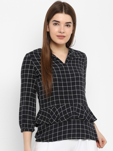 FOSH Women Black & Off-White Checked Pure Cotton Top