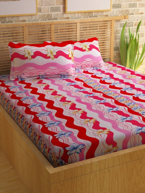 Story@home Pink & Red Floral 152 TC Cotton 1 Queen Bedsheet with 2 Pillow Covers