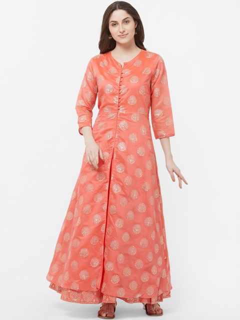 Vedic Women Coral Orange & Gold-Coloured Silk Printed A-Line Kurta