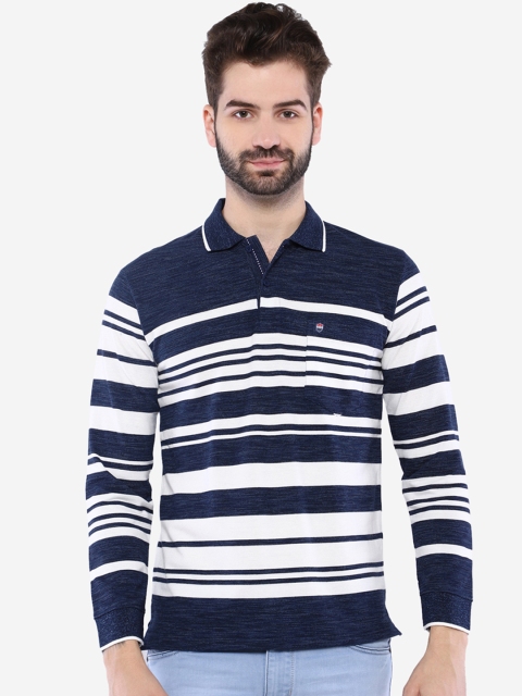 Duke Men Navy Blue Striped Polo Collar T-shirt